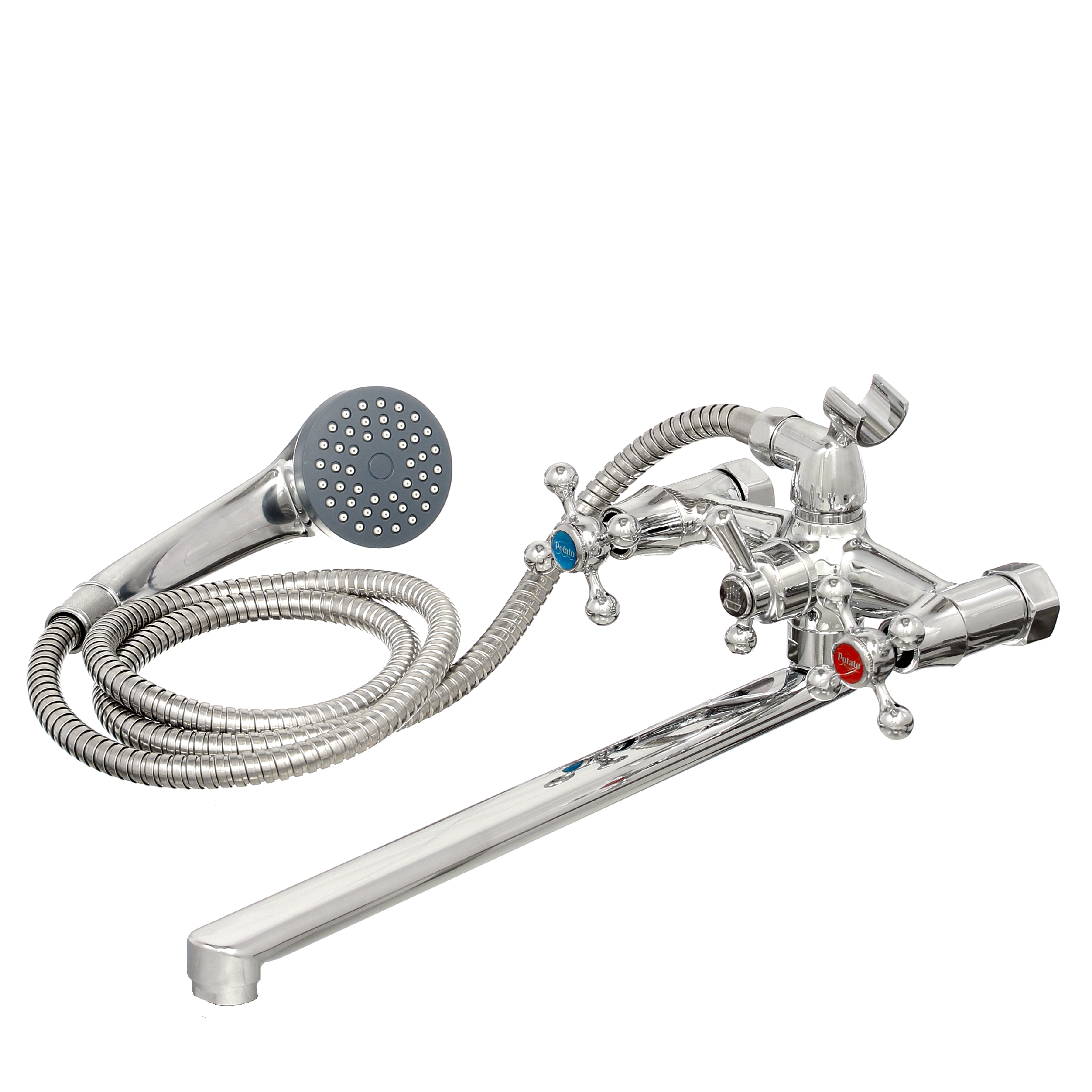 картинка 67-6-033 Смеситель Potato,двухвент. для ванны,лейка, шланг, латун.кран-букса, плоск.гус., P2265-35 от базы строительно-отделочных материалов